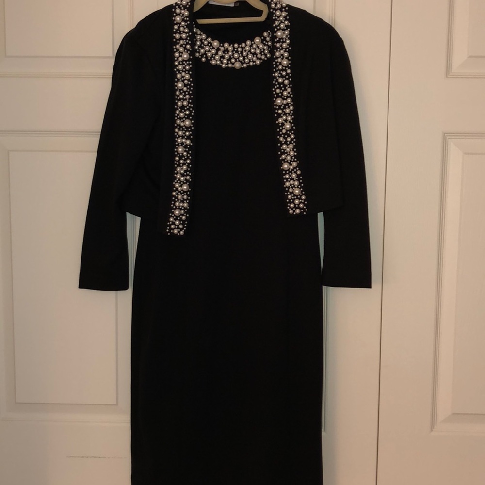 Embellished knit sheath dress and bolero jacket